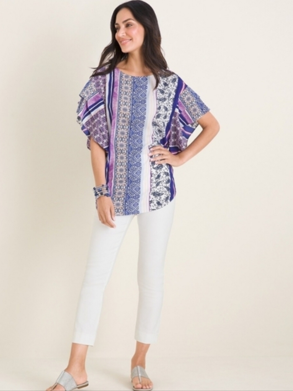 Chico's Mixed Print Flutter Sleeve Top New With Tags - Picture 3 of 9